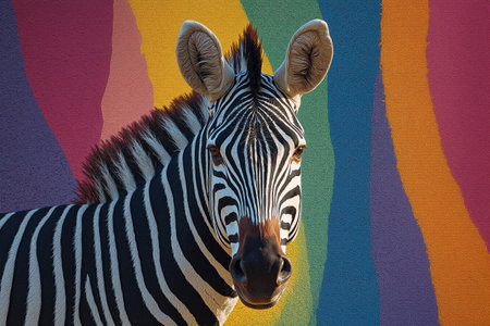Zebra pattern blending into colorful background in vibrant artistic mural settingの素材