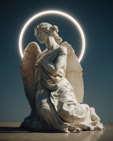 Angel statue with cracked surface illuminated by glowing halo in serene settingの素材