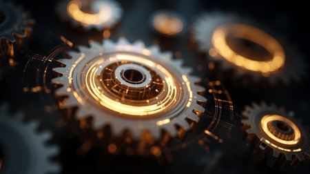 Interconnected metal gears emit glowing light in a dark environment showcasing intricate mechanicsの素材
