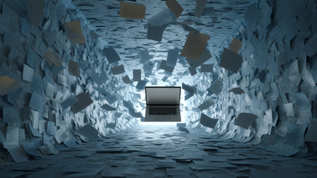 Floating laptop surrounded by flying papers in a surreal digital environmentの素材