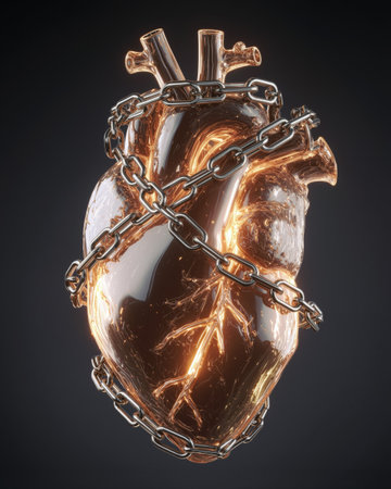 Glowing human heart tightly wrapped in metallic chains symbolizes emotional struggle and confinementの素材