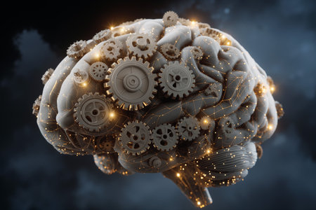 Complex human brain made of gears and connections illustrating creative thought and innovationの素材