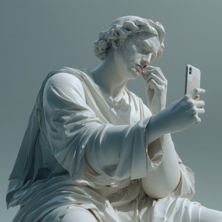 Marble statue thoughtfully using smartphone in a serene settingの素材