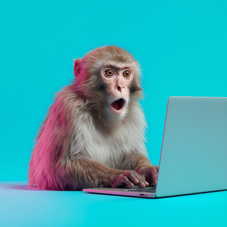 Monkey shows shocked expression while using laptop on colorful backdropの素材