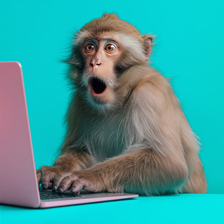 Monkey shows shocked expression while using laptop against a bright backgroundの素材