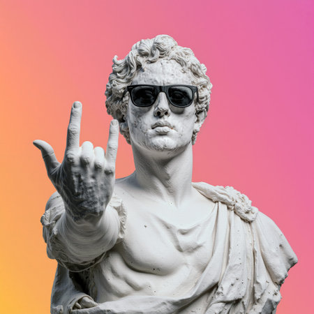 White marble statue wearing black sunglasses poses confidently against a colorful backgroundの素材