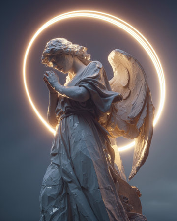 Angel statue with cracked surface surrounded by a luminous halo on a cloudy dayの素材