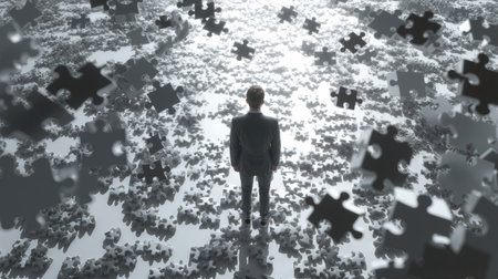 Businessman contemplates solutions while surrounded by floating puzzle pieces in an abstract settingの素材