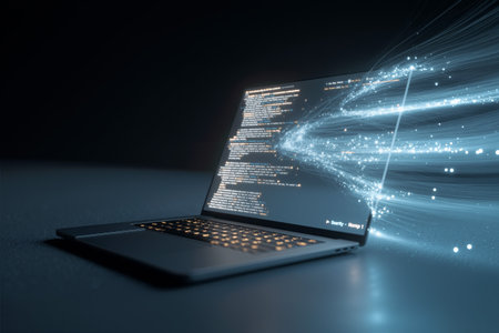 Laptop displaying source code with glowing effects in a dimly lit environment during evening hoursの素材