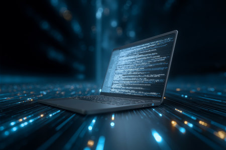 Laptop displaying source code in a dynamic digital environment with glowing lines in the backgroundの素材
