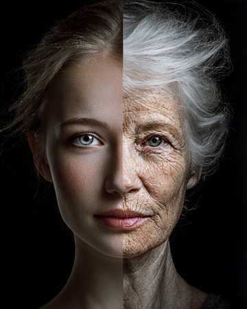 Young womans face merging with elderly features illustrates the passage of time and lifes changes beautifully and thoughtfullyの素材