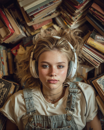 Young student relaxing on stack of books while listening to music in cozy study spaceの素材