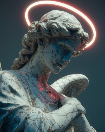 Angel statue with cracked surface and glowing halo in a serene setting at duskの素材