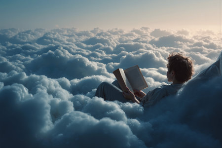 Young person relaxes among fluffy clouds while reading a book during a serene sunsetの素材