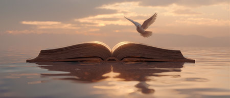 Open bible rests on calm water at sunset with a wooden cross and a bird flying in the backgroundの素材
