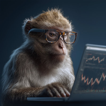 Monkey wearing glasses studies financial trends on a laptop from a modern workspace environmentの素材