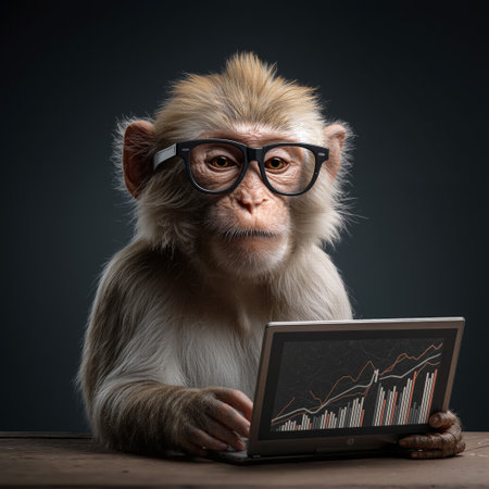 Monkey wearing glasses studies financial charts while sitting at a table indoors in a cozy environmentの素材