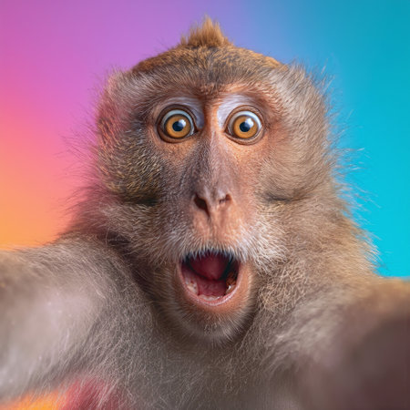 Monkey takes surprised selfie with bright background in tropical location during daylight hoursの素材