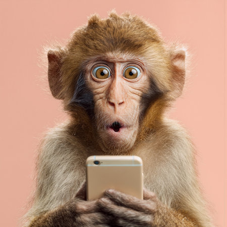 Monkey displays shock while looking at smartphone in creative settingの素材