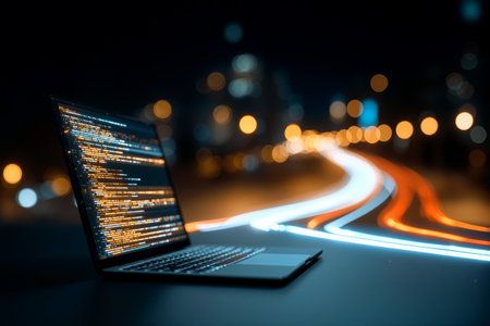 Laptop displaying source code illuminated against blurred city lights during nighttime programming sessionの素材