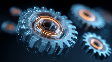 Interconnected metal gears emit a glowing light in a dark environment creating a captivating mechanical designの素材
