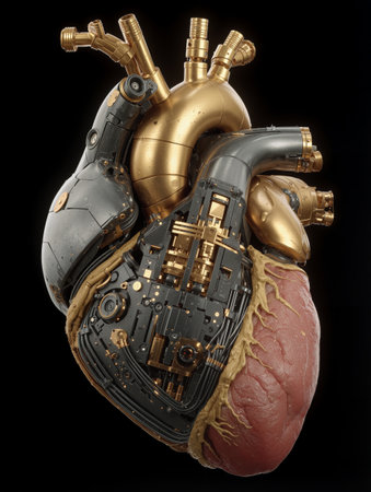 Human heart with robotic elements blending organic and mechanical features, showcasing advanced design and innovationの素材