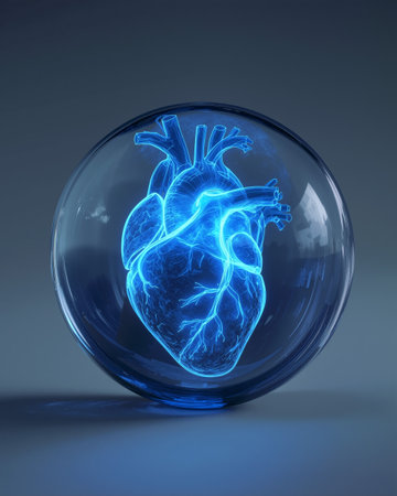 Human heart glowing neon blue within a transparent sphereの素材