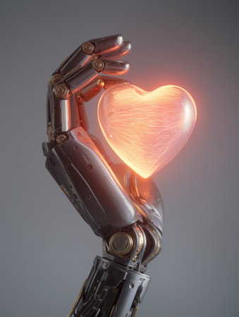 Metal hand gently holding a glowing heart in a serene settingの素材