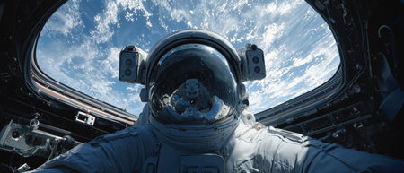 Astronaut explores life in the space station with Earth visible through the windowの素材