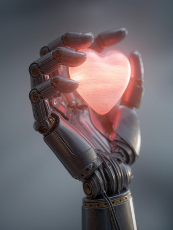 Metal hand holds a glowing heart in a surreal display of emotion and technologyの素材