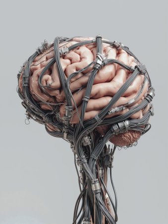 Human brain intricately wrapped in wires showing the relationship between technology and cognitionの素材
