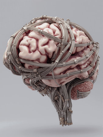 Human brain intertwined with wire cables represents the complexity of thought and technology in modern timesの素材