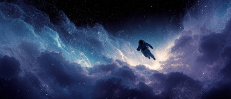Astronaut gliding through colorful cosmic glow in the depths of spaceの素材