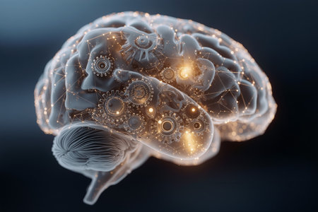 Human brain shaped from interconnected gears with glowing elements representing complex thought processes and functionalityの素材