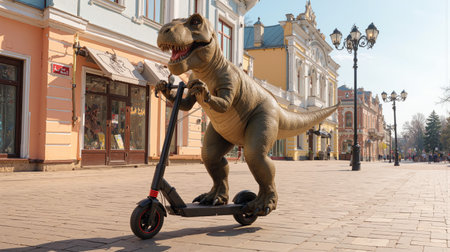 Dinosaur enjoys a fun ride on an electric scooter in a vibrant city street during sunny daytimeの素材