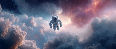 Astronaut floats through colorful cosmic glow in the vastness of space during a serene momentの素材