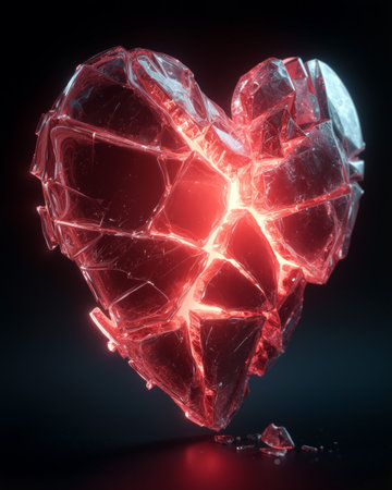 Broken glass heart glowing with red light in a dark background creates a striking visual impactの素材