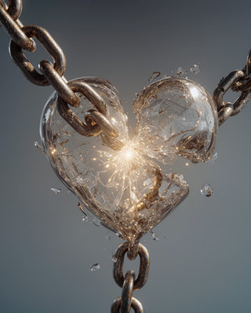 Broken chain around heart releases a burst of light symbolizing freedom and new beginningsの素材