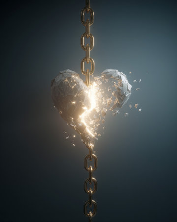 Broken chain releases a heart made of crystal light in dark surroundingsの素材