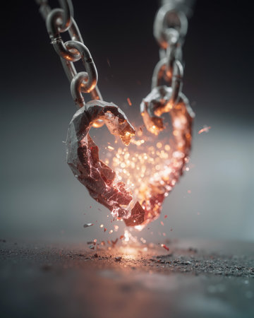 Broken chain around a heart releases energy and emotion in a powerful visual display of freedom and transformationの素材