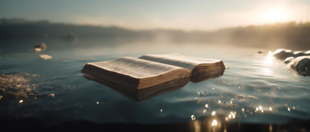 Bible floating peacefully above a serene lake surrounded by calm nature at sunriseの素材
