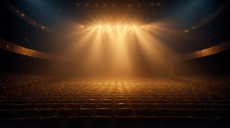 View of an empty theater hall from the stage with bright lights creating a dramatic atmosphereの素材