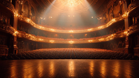 View from the stage of an elegant theater hall with glowing lights and empty seating at the height of evening performanceの素材