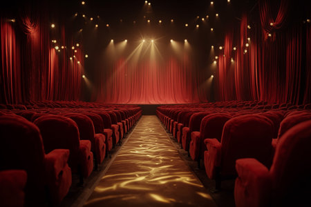 Elegant red velvet theater seats arranged in a stylish auditorium with warm lighting and a red stage curtainの素材