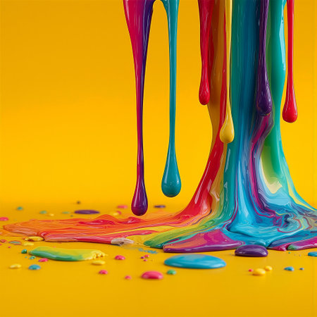 Vibrant rainbow paint drips create a colorful design on a bright yellow backdropの素材