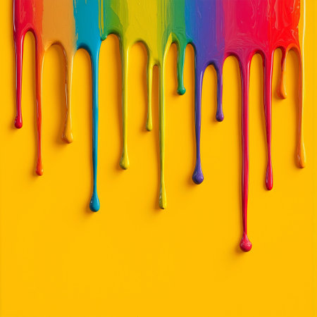 Melting rainbow paint drips create a colorful and vibrant display on a bright yellow backgroundの素材