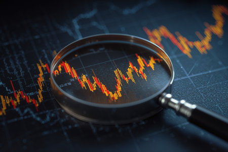 Magnifying glass focuses on a financial graph in a detailed analytical viewの素材