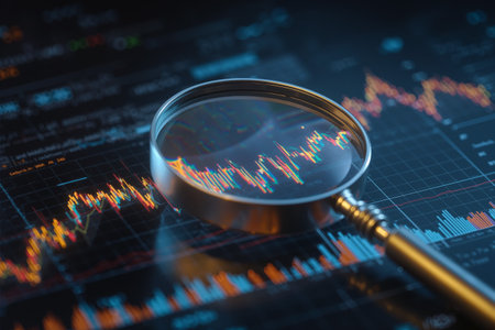 Magnifying glass above stock market data analyzing trends and patterns at dawn with digital graphs and chartsの素材