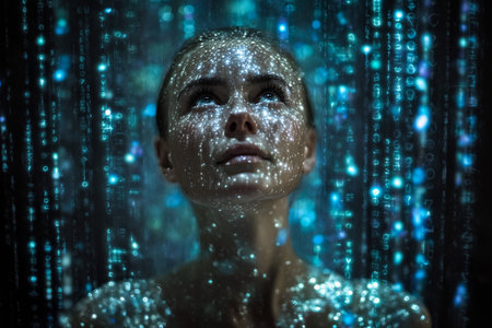 Young woman immersed in digital patterns and light, exploring technology in a modern settingの素材