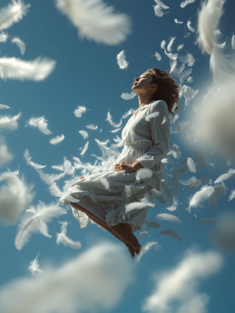 Woman floats serenely among soft feathers in a clear blue sky during a peaceful moment of reflection and tranquilityの素材
